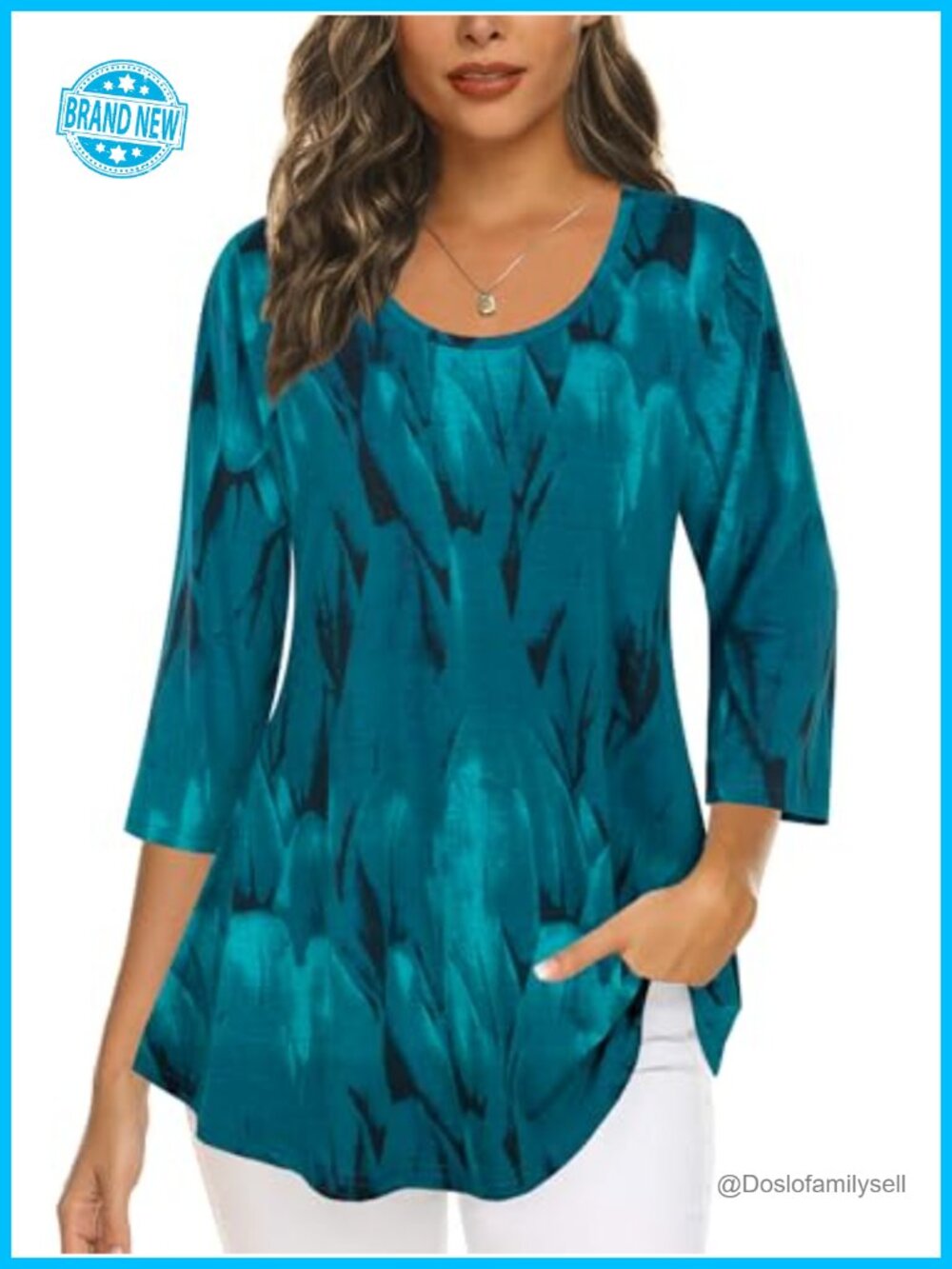 Women's 3/4 Sleeve Tunic Top Pleated Floral Business Casual Loose Fit